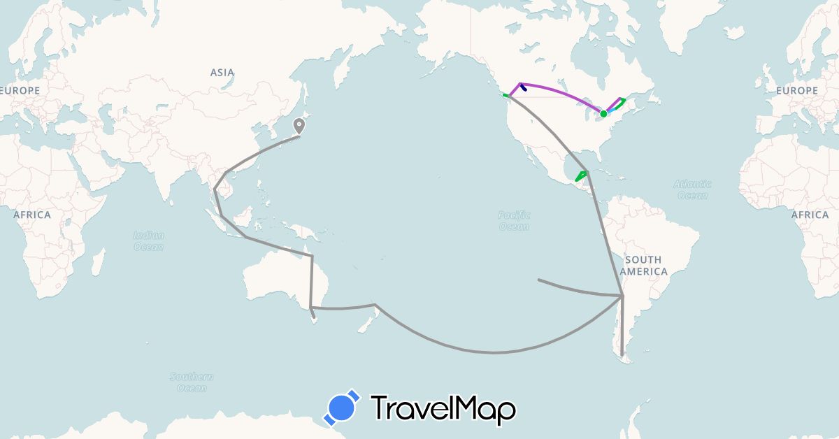 TravelMap itinerary: driving, bus, plane, train, boat in Australia, Canada, Chile, Indonesia, Japan, Mexico, New Zealand, Singapore, Thailand, United States, Vietnam (Asia, North America, Oceania, South America)